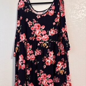 Floral Scoop Neck Swing Dress - Black with Pink Roses